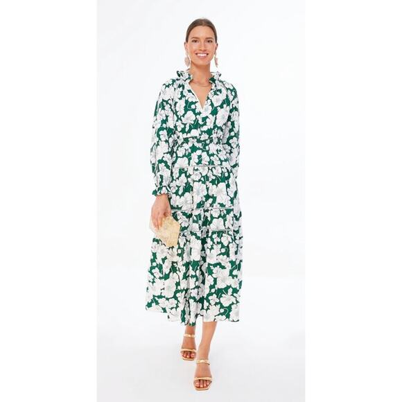 Tuckernuck Hyacinth House Green White Floral Tiered Presley Maxi Midi Dress - Picture 1 of 5